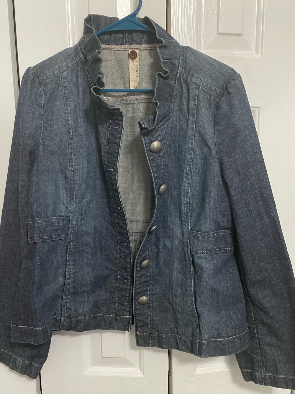 Fossil Dark Blue Ruffle Collar Denim Jacket